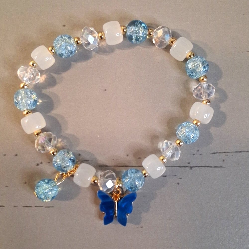 Elegant Blue & White Beaded Bracelet with Butterfly Charm